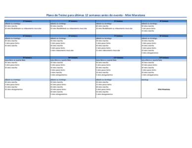 Plano de Treino para últimas 12 semanas antes do evento - Mini Maratona 1ª Semana sábado ou domingo 40 mins marcha 10 mins flexibilidade ou relaxamento muscular