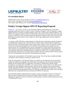 For Immediate Release USPOULTRY Contact: Gwen Venable, [removed], [removed] NCC Contact: Tom Super, [removed], [removed] NTF Contact: Keith Williams, [removed], [removed]