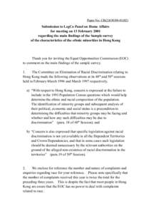 Paper No. CB[removed])  Submission to LegCo Panel on Home Affairs for meeting on 13 February 2001 regarding the main findings of the Sample survey of the characteristics of the ethnic minorities in Hong Kong
