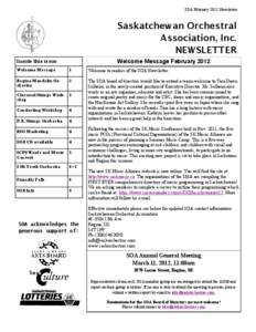 SOA February 2012 Newsletter  Saskatchewan Orchestral Association, Inc. NEWSLETTER Inside this issue