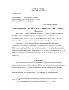 STATE OF VERMONT PUBLIC SERVICE BOARD Docket No[removed]Amendment No. 1 to Interconnection Agreement between Verizon New England, Inc., d/b/a Verizon Vermont, and ICG Telecom Group, Inc.