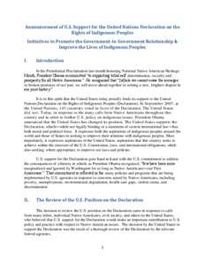 Announcement of U.S. Support for the United Nations Declaration on the Rights of Indigenous Peoples Initiatives to Promote the Government-to-Government Relationship & Improve the Lives of Indigenous Peoples I.