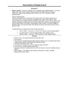 Descendants of Abigail Averell Generation 1 1. ABIGAIL1 AVERELL1-6 was born on 08 Mar 1674 in Topsfield, Essex, Massachusetts1, 4-7. She died before[removed]She married Joanathan Bishop before 06 Jul[removed]He was born bet