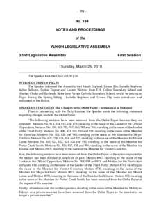 - [removed]No. 194 VOTES AND PROCEEDINGS of the YUKON LEGISLATIVE ASSEMBLY