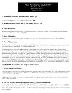 “Dear Philadelphia: Stay Faithful!” 7 Letters – Part 6 Revelation 3:7-13 March 23, [removed]How Many Doors Are In This Worship Center? 26