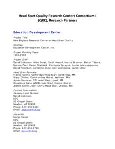 Head Start Quality Research Centers Consortium I (QRC), Research Partners