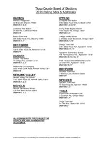 Tioga County Board of Elections 2014 Polling Sites & Addresses BARTON OWEGO