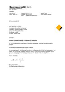 Commonwealth Bank of Australia ACNSecretariat GPO Box 2719 Sydney NSW 1155