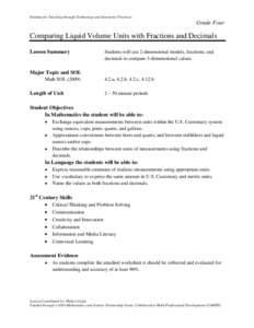 Institute for Teaching through Technology and Innovative Practices  Grade Four Comparing Liquid Volume Units with Fractions and Decimals Lesson Summary