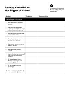 Security Checklist for the Shipper of Hazmat Question Hazmat Storage and Handling 1. How are hazardous materials secured?