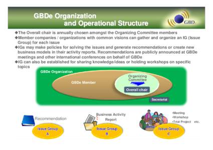 GBDe Organization and Operational Structure The Overall chair is annually chosen amongst the Organizing Committee members Member companies / organizations with common visions can gather and organize an IG (Issue Grou