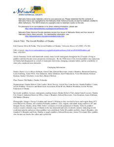 Nebraska History posts materials online for your personal use. Please remember that the contents of Nebraska History are copyrighted by the Nebraska State Historical Society (except for materials credited to other institutions). The NSHS retains its copyrights even to materials it posts on the web.