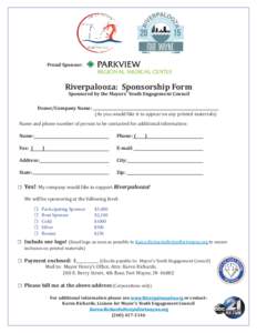 Proud Sponsor:  Riverpalooza: Sponsorship Form Sponsored by the Mayors’ Youth Engagement Council  Donor/Company Name: