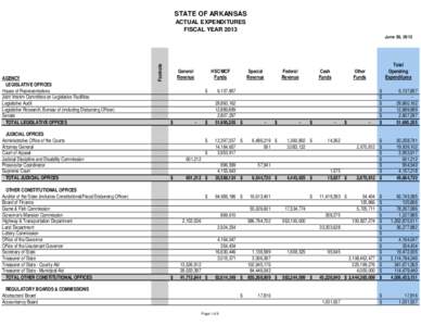 STATE OF ARKANSAS ACTUAL EXPENDITURES FISCAL YEAR 2013 AGENCY LEGISLATIVE OFFICES