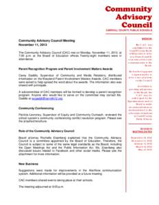 Community Advisory Council CARROLL COUNTY PUBLIC SCHOOLS  Community Advisory Council Meeting