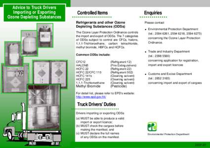 Advice to Truck Drivers Importing or Exporting Ozone Depleting Substances Controlled Items