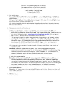 EDN Work Group Meeting Agenda and Minutes Thursday[removed], 10 am (PDT), 1 pm (EST) Call-in number: [removed]Participant code: [removed]Roll Call/Minutes Refugee: Blain Mamo (MN), Marisa Ramos (CA), Adam Palmer