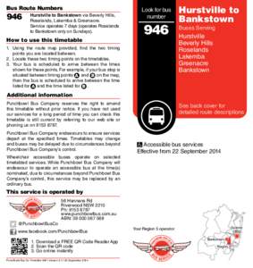 Bus Route Numbers  946 Hurstville to Bankstown via Beverly Hills, Roselands, Lakemba & Greenacre.