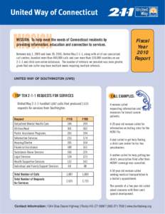 United Way of Connecticut  MISSION: To help meet the needs of Connecticut residents by providing information, education and connection to services. Between July 1, 2009 and June 30, 2010, United Way 2-1-1, along with all