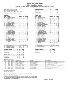 Soccer Box Score (Final[removed]Iowa State Soccer Iowa St. vs #19 Texas Tech (Oct 26, 2014 at Lubbock, Texas) Iowa St[removed]; [removed]vs. Texas Tech[removed]; [removed]Date: Oct 26, 2014 • Attendance: 822