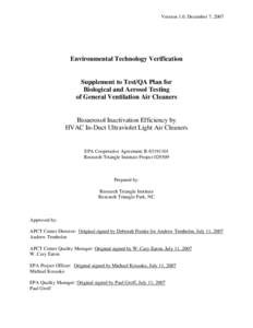 US EPA Environmental Technology Verification Supplement to Test/QA Plan for Biological and Aerosol Testeing of General Ventilation Air Cleaners