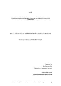 2011  THE LEGISLATIVE ASSEMBLY FOR THE AUSTRALIAN CAPITAL TERRITORY  EDUCATION AND CARE SERVICES NATIONAL LAW (ACT) BILL 2011