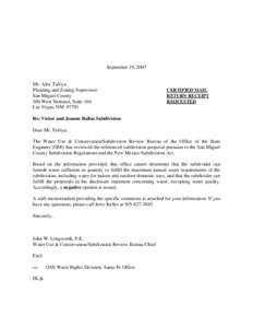 September 19, 2007  Mr. Alex Tafoya Planning and Zoning Supervisor San Miguel County 500 West National, Suite 104