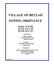VILLAGE OF BEULAH ZONING ORDINANCE Adopted April 2003 REVISED June 10, 2008 REVISED April 17, 2012 REVISED Sept 10, 2015