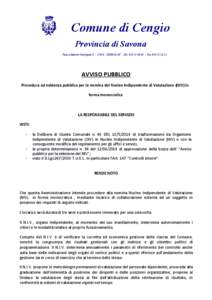 Comune di Cengio Provincia di Savona Piazza Martiri Partigiani[removed]CENGIO SV -Tel[removed]Fax[removed]AVVISO PUBBLICO Procedura ad evidenza pubblica per la nomina del Nucleo Indipendente di Valutazione