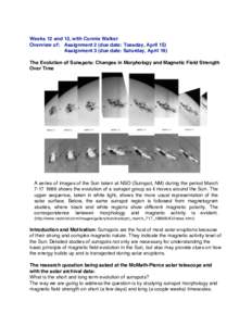 Weeks 12 and 13, with Connie Walker Overview of: Assignment 2 (due date: Tuesday, April 15) Assignment 3 (due date: Saturday, April 19) The Evolution of Sunspots: Changes in Morphology and Magnetic Field Strength Over Ti