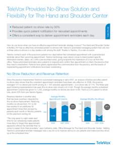 • Reduced patient no-show rate by 50% • Provides quick patient notification for relocated appointments • Offers a consistent way to deliver appointment reminders each day Case Study