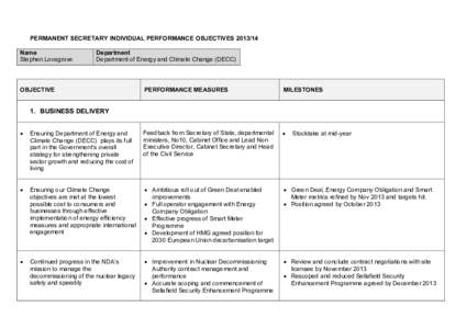 PERMANENT SECRETARY INDIVIDUAL PERFORMANCE OBJECTIVES[removed]Name Stephen Lovegrove Department Department of Energy and Climate Change (DECC)