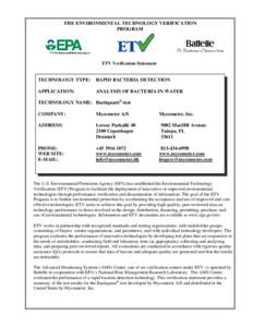 THE ENVIRONMENTAL TECHNOLOGY VERIFICATION PROGRAM ETV Verification Statement  TECHNOLOGY TYPE: