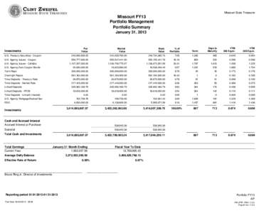 Missouri State Treasurer  Missouri FY13 Portfolio Management Portfolio Summary January 31, 2013