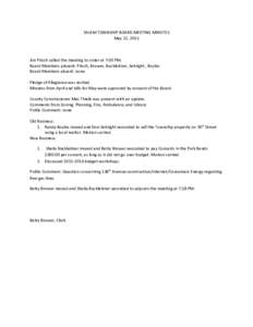 SALEM TOWNSHIP BOARD MEETING MINUTES May 12, 2015 Jim Pitsch called the meeting to order at 7:00 PM. Board Members present: Pitsch, Brower, Buckleitner, Sebright , Boyles Board Members absent: none