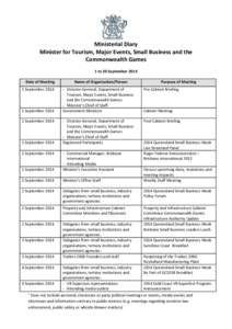 Ministerial Diary: Minister for Tourism, Major Events, Small Business and the Commonwealth Games