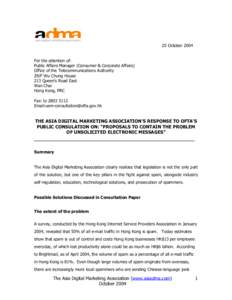 25 October 2004 For the attention of: Public Affairs Manager (Consumer & Corporate Affairs) Office of the Telecommunications Authority 29/F Wu Chung House 213 Queen’s Road East