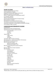 CERTIFIED LEASE PROFESSIONAL  BODY OF KNOWLEDGE HISTORY OF LEASING Industry Standards and ‘Code of Ethics’ Ancient applications of leasing