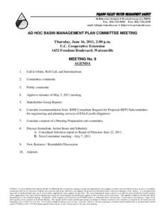 PAJARO VALLEY WATER MANAGEMENT AGENCY 36 BRENNAN STREET  WATSONVILLE, CATEL: FAX: email:   http://www.pvwma.dst.ca.us  AD HOC BASIN MANAGEMENT PLAN COMMITTEE M