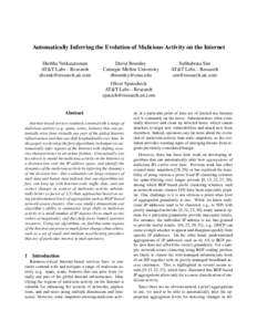 Automatically Inferring the Evolution of Malicious Activity on the Internet Shobha Venkataraman AT&T Labs – Research [removed]  David Brumley