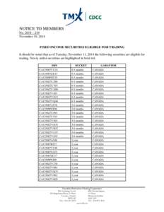 NOTICE TO MEMBERS No. 2014 – 210 November 10, 2014 FIXED INCOME SECURITIES ELIGIBLE FOR TRADING It should be noted that as of Tuesday, November 11, 2014 the following securities are eligible for trading. Newly added se