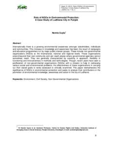 Gupta, N[removed]Role of NGOs in Environmental Protection: A Case Study of Ludhiana City. JOAAG, Vol. 7. No. 2 Role of NGOs in Environmental Protection: A Case Study of Ludhiana City in Punjab