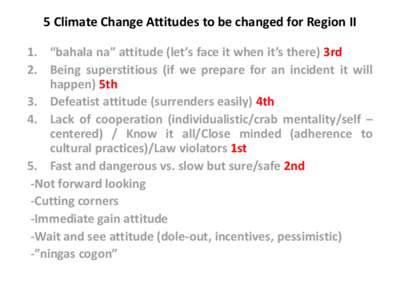 5 Climate Change Attitudes to be changed for Region II 1. “bahala na” attitude (let’s face it when it’s there) 3rd 2. Being superstitious (if we prepare for an incident it will happen) 5th 3. Defeatist attitude (