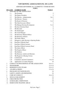 NSW ROWING ASSOCIATION INC. BY-LAWS AMENDED SEPTEMBER[removed]CURRENTLY UNDER REVIEW) INDEX BY-LAW# CURRENT NAME PAGE # 1