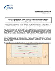 COMMUNIQUÉ DE PRESSE 8 septembre 2010 « Global Competitiveness Report[removed] » du Forum Economique Mondial: Le Grand-Duché de Luxembourg piétine dans le classement mondial de la compétitivité