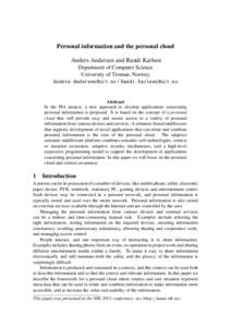 Personal information and the personal cloud Anders Andersen and Randi Karlsen Department of Computer Science University of Tromsø, Norway [removed] / [removed]