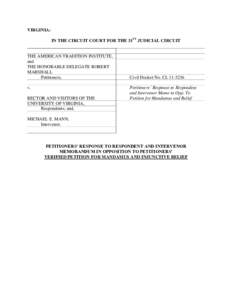 VIRGINIA: IN THE CIRCUIT COURT FOR THE 31ST JUDICIAL CIRCUIT THE AMERICAN TRADITION INSTITUTE, and THE HONORABLE DELEGATE ROBERT