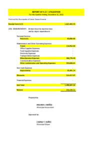 REPORT OF S.E.F. UTILIZATION For the Quarter Ending, December 31, 2012 Province/City Municipality of Cateel, Davao Oriental Receipt from S.E.F. LESS: DISBURSEMENTS