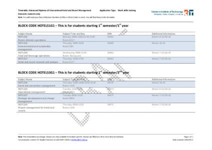 Timetable: Advanced Diploma of International Hotel and Resort Management  Application Type: Work skills training Domestic students only Note: You will need your Class Reference Numbers (CRNs) or Block Codes to enrol. You