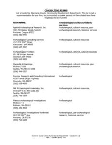 CONSULTING FIRMS List provided by Skamania County Community Development Department. This list is not a recommendation for any firm, but is intended as public service. All firms listed here have requested to be included. 